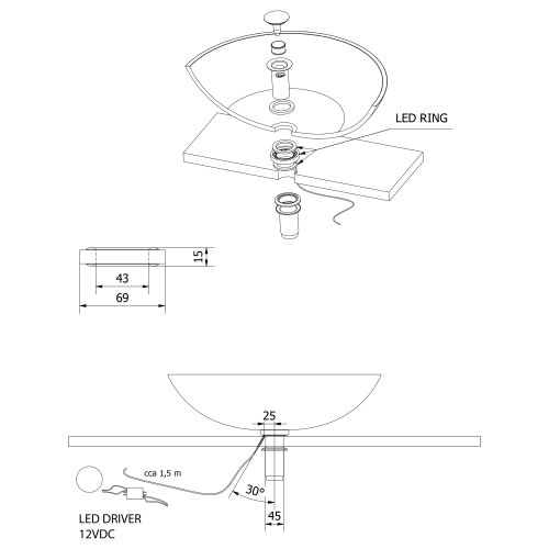 Sapho Alátét mosdó és mosdótartó pult közé, LED viágítással, 12V, 1,2W, 5000-5500K (WP94051LED)