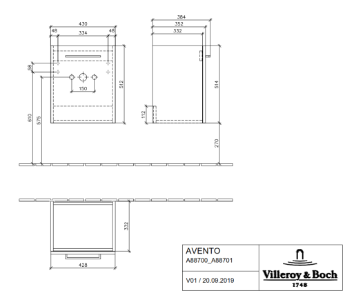 Villeroy & Boch Avento alsószekrény jobbos zsanér Crystal Grey A88701B1