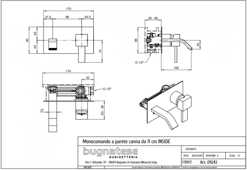 Bugnatese Inside Fal alatti mosdócsaptelep 10 cm kifolyóval, matt fekete 9243OP
