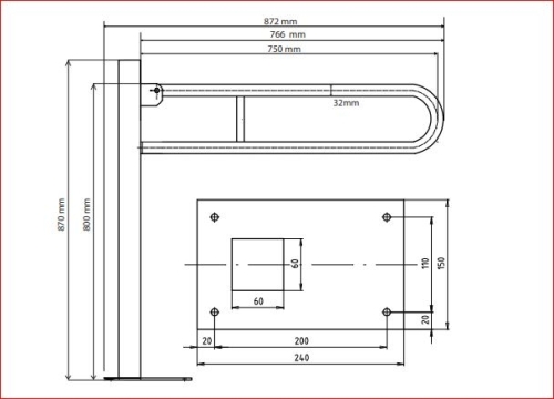 Sapho BEMETA HELP Felhajtható kapaszkodó, U-típus, álló, padlóra szerelhető, 750mm, matt 301507302