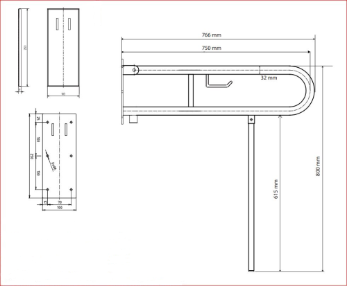 Sapho BEMETA HELP Felhajtható kapaszkodó, U-típus, WC papírtartóval, támasztékkal, takaróval, 750mm, polírozott 301407301N