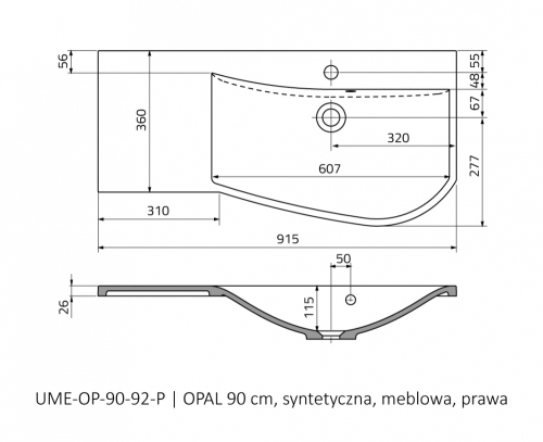 Roltechnik Opal 90x44,5 cm öntött műmárvány mosdó, jobbos UME-OP-90-92-P