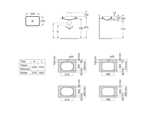 Roca Inspira SQUARE pultba építhető Fineceramic mosdó 55x37 cm, fehér A327534000