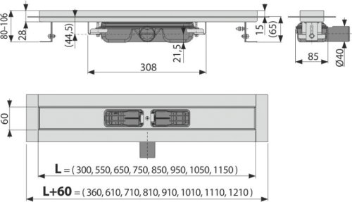 Alcaplast APZ106-1050 Professional Low zuhanyfolyóka peremmel tömör rácsokhoz