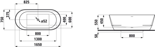 Laufen Pro 165x75 cm szabadon álló fürdőkád, Marbond kompozit anyagból fényes fekete/fényes fehér H2399520640001