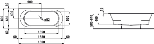 Laufen Pro 180x80 cm beépíthető fürdőkád, Marbond kompozit anyagból H2409500000001