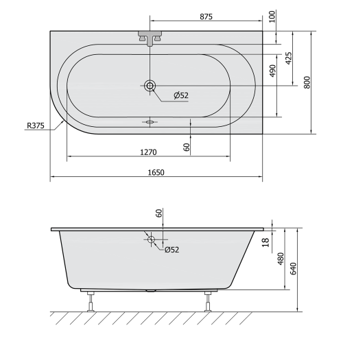 Sapho POLYSAN ASTRA R SLIM 165x80 aszimmetrikus kád jobbos, fehér 34611S