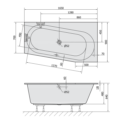 Sapho POLYSAN ASTRA WR SLIM 165x90 aszimmetrikus kád, fehér 31611S