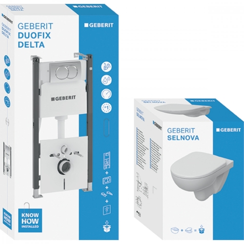 Geberit Duofix fali WC szerelőelem készlet, 112 cm, Delta öblítőtartállyal: Delta01 működtetőlap, Selnova fali WC ülőkével 118.400.11.2