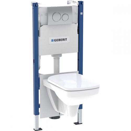 Geberit Duofix fali WC szerelőelem készlet, 112 cm, Delta öblítőtartállyal: Delta20 működtetőlap, Selnova Square Rimfree fali WC lecsapódásgátlós ülőkével 118.402.21.2