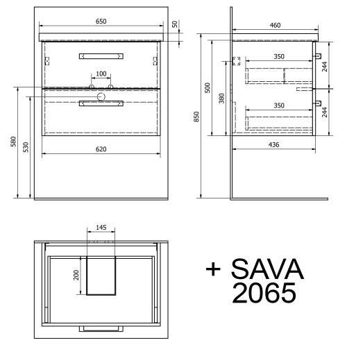 Sapho AQUALINE VEGA 65 mosdótartó szekrény 2 fiókkal, fehér VG064