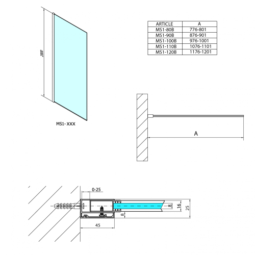 Sapho POLYSAN MODULAR 120 fix zuhanyfal, matt fekete MS1-120B