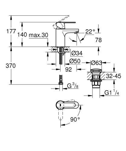 Grohe Get egykaros mosdócsaptelep click-clack leeresztővel S-es méret, cold start 23586000