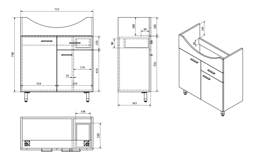 Sapho AQUALINE ZOJA 71,5x74x34cm mosdótartó szekrény, platina tölgy 51175