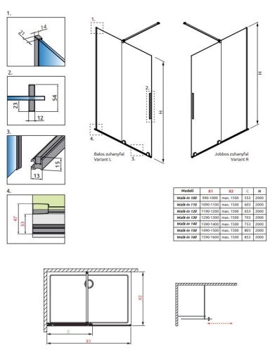 Radaway Furo Black Walk-in 140 jobb fekete zuhanyfal 10106738-54-01R, 10110694-01-01