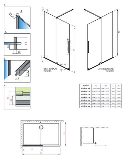 Radaway Furo Black Walk-in 130 bal fekete zuhanyfal 10106688-54-01L, 10110644-01-01