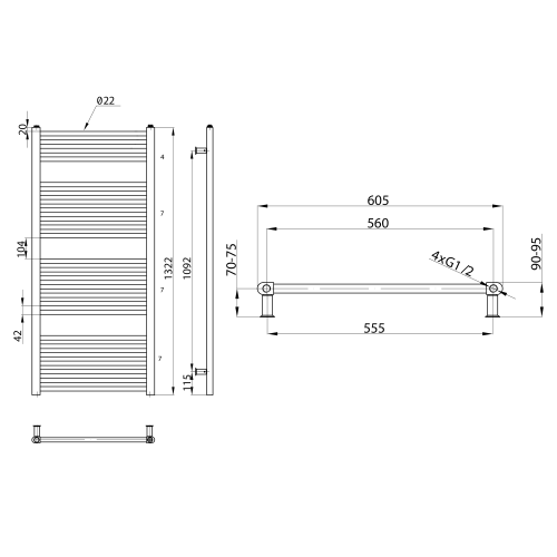 Sapho AQUALINE 600x1320mm egyenes fürdőszobai radiátor, strukturált ezüst ILS36E