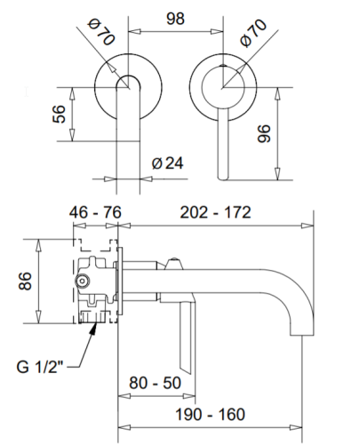 Bugnatese SMART fal alatti mosdócsaptelep 19 cm kifolyóval klikk-klakk leeresztővel, fényes fekete króm 2151SCCNL