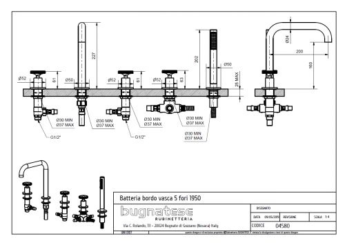 Bugnatese MILLENOVECINQUANTA peremre szerelt 5 üléses kádcsaptelep, fényes foszforszürke 4580NF