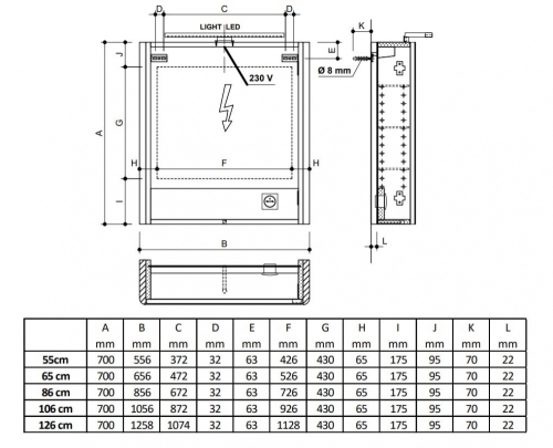 Sapho LUCIE 55x70cm tükrösszekrény LED világítással, fehér LU055-0030