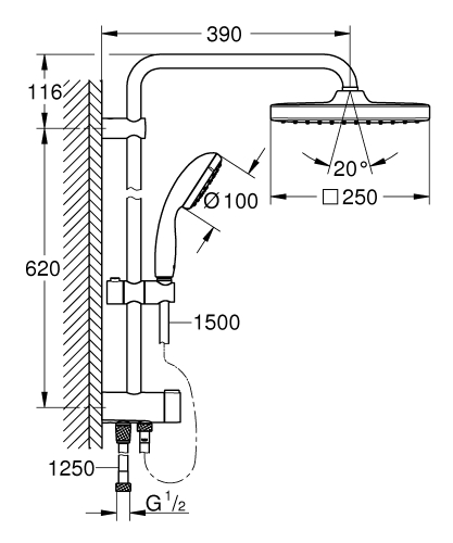 Grohe Vitalio Start System 250 Cube Flex zuhanyrendszer diverterrel  9.5 liter/perc 26698000