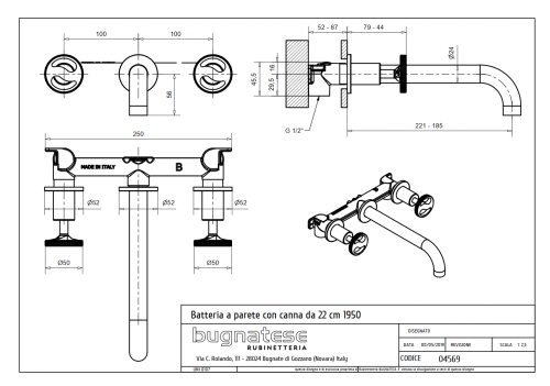 Bugnatese MILLENOVECINQUANTA fal alatti mosdócsaptelep 22 cm kifolyóval klikk-klakk leeresztővel, fényes foszforszürke 4569SCNF