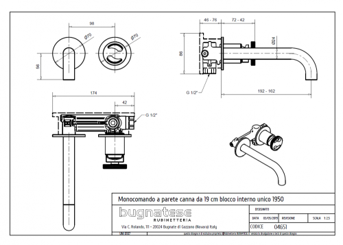 Bugnatese MILLENOVECINQUANTA fal alatti mosdócsaptelep 19 cm kifolyóval, fényes foszforszürke 4651NF