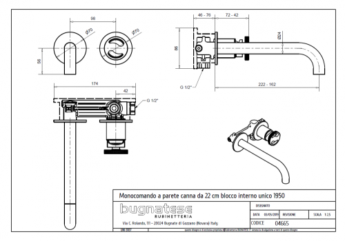 Bugnatese MILLENOVECINQUANTA fal alatti mosdócsaptelep 22 cm kifolyóval klikk-klakk leeresztővel, matt fehér 4665SCOP