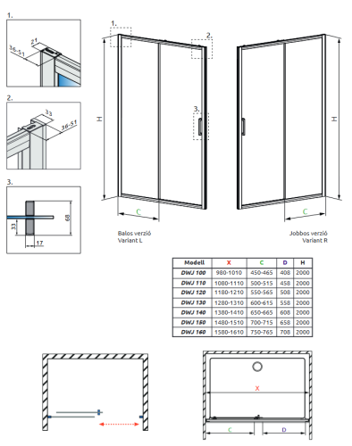 Radaway Premium Pro Black DWJ fekete zuhanyajtó balos, 150 cm 1014150-54-01L