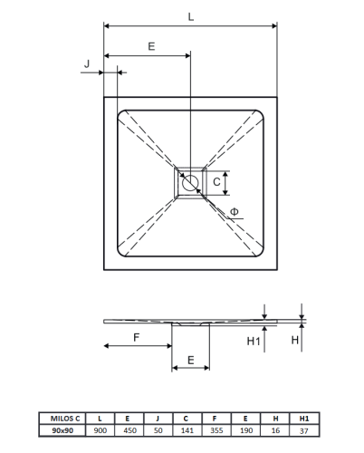 Radaway Milos C lapos szögletes kompozit zuhanytálca 90x90 cm fekete BREX.1502.090.090.BLN