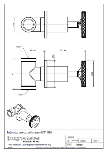 Bugnatese MILLENOVECINQUANTA csempeszelep 1/2″ csatlakozással, fényes foszforszürke 4560NF