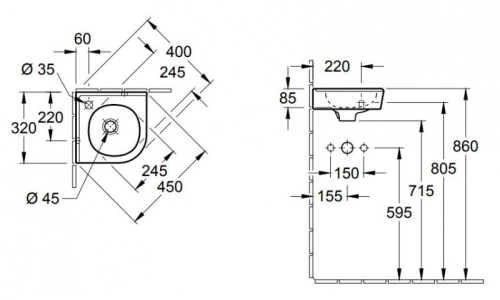 Villeroy & Boch O.novo 45x40 cm sarok kézmosó 73103201