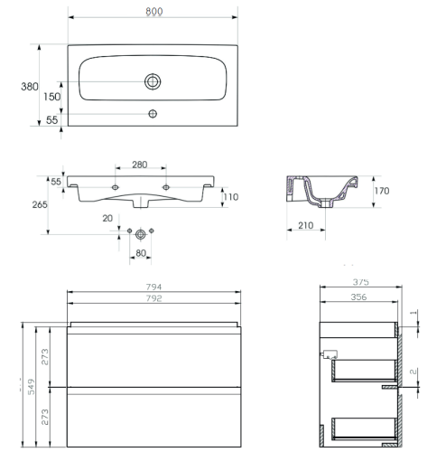 Cersanit Moduo Slim 80 alsószekrény mosdóval, antracit S801-468-DSM
