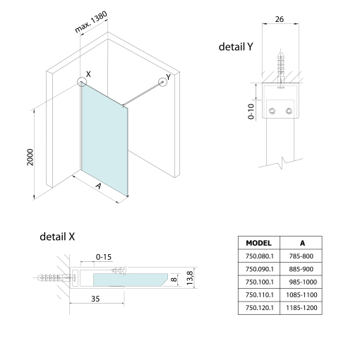 Sapho BRUCKNER SPITZA 90 WALK-IN fix zuhanyfal, króm 750.090.1