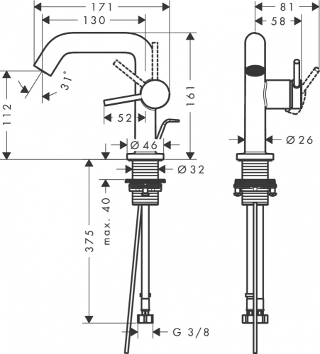 Hansgrohe Tecturis S Egykaros mosdócsaptelep Fine 110, CoolStart, automata lefolyógarnitúrával, matt fekete 73323670