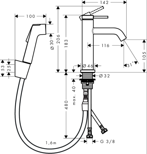 Hansgrohe Tecturis S egykaros mosdócsaptelep 110, bidette kézizuhannyal, 1.60m-es zuhanytömlővel, matt fekete 73211670