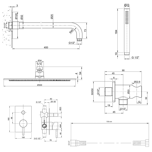 Sapho MINIMAL 2-irányú falba süllyesztett zuhanycsaptelep szett, inox MI042-01