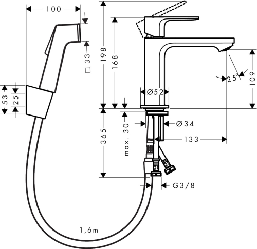Hansgrohe Rebris S egykaros mosdócsaptelep 110 bidette zuhannyal és zuhanycsővel 160 cm lefolyógarnitúra nélkül, króm 72215000