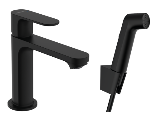 Hansgrohe Rebris S egykaros mosdócsaptelep 110 bidette zuhannyal és zuhanycsővel 160 cm lefolyógarnitúra nélkül, matt fekete 72215670