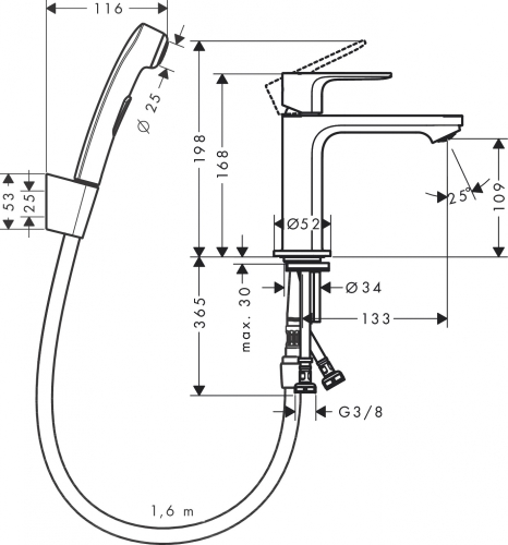 Hansgrohe Rebris S egykaros mosdócsaptelep 110 bidette zuhannyal és zuhanycsővel 160 cm lefolyógarnitúra nélkül, matt fekete 72215670