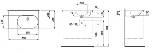 Laufen Lua aszimmetrikus mosdó bal oldali pulttal, csaplyuk nélkül 75x46 cm LCC felülettel H8170854001091