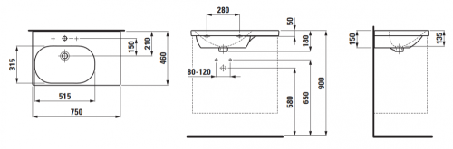 Laufen Lua aszimmetrikus mosdó jobb oldali pulttal, 75x46 cm H8170860001041