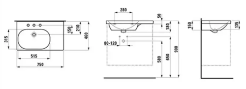 Laufen Lua aszimmetrikus mosdó jobb oldali pulttal, három csaplyukkal túlfolyó nélkül 75x46 cm LCC felülettel H8170864001581