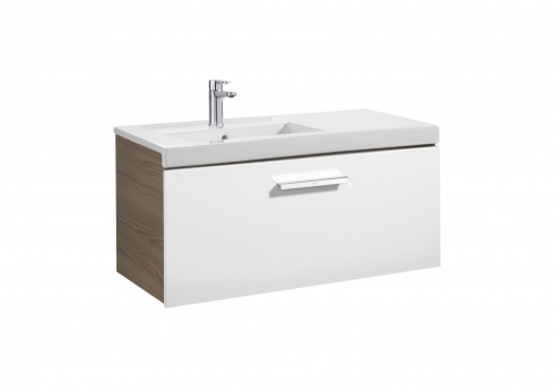 Roca Prisma 90 cm fürdőszoba bútor balos mosdóval, fényes fehér/kőris fa A855946322