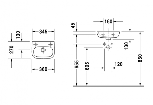 Duravit D-Code 36x27 cm balos kézmosó, fehér 07053600092