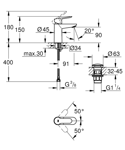 Grohe Start Edge Egykaros mosdócsaptelep S-es méret klikk-klakk leeresztővel 23580000 (K)