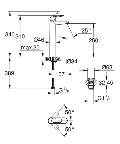 Grohe Start Edge Egykaros mosdócsaptelep XL-es méret klikk-klakk leeresztővel 23777000