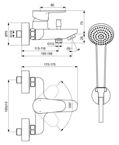 Ideal Standard Cerafine O kádtöltő csaptelep zuhanyszettel, króm BC706AA