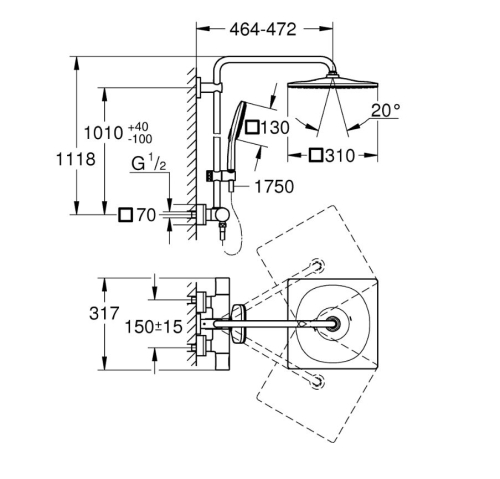 Grohe Rainshower SmartActive 310 Cube termosztátos zuhanyrendszer, Brushed Hard Graphite 26837AL0