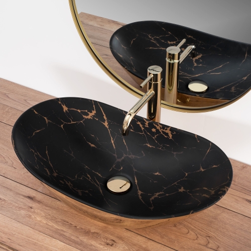 Rea Royal Marble 60,5x36 cm pultra ültethető mosdó, fekete/arany REA-U8008